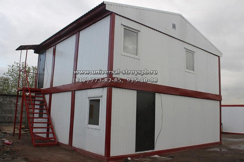 Модульное здание (полимерное покрытие белого цвета, окантовка, красный цвет, двухскатная кровля, окна ПВХ, двери металлические)